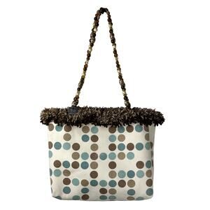 Pritz Reversible Polka Dot Brown Natural Glass Bead Handle Fabric Handbag Purse